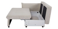 Canapé convertible CALDERO beige en mode lit avec coffre de rangement