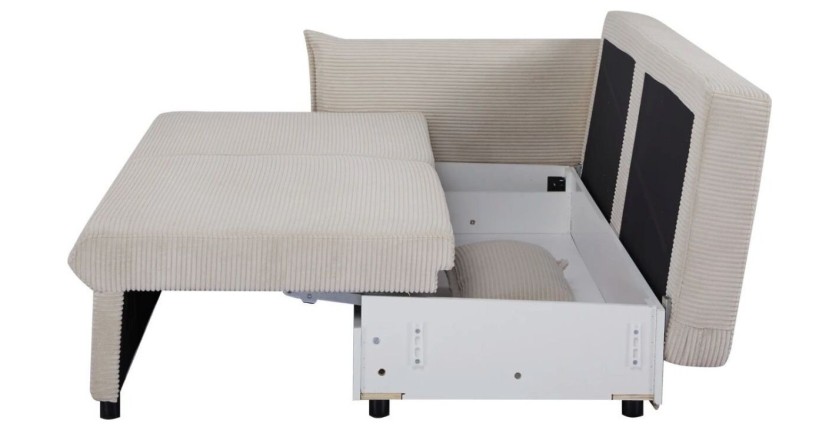 Canapé convertible CALDERO beige en mode lit avec coffre de rangement
