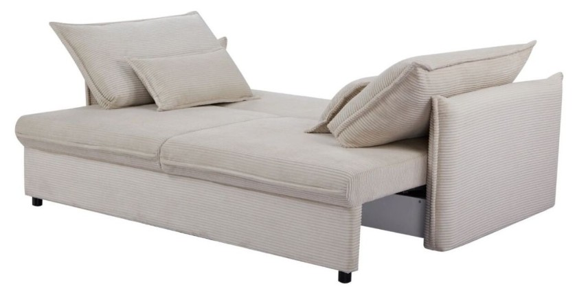 Canapé convertible CALDERO beige en mode lit vu de côté