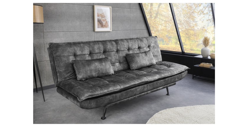 Canapé convertible SERENO en velours gris foncé mis en situation