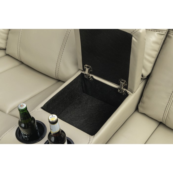 Sofá esquinero relax beige DOMUS – 2 relajaciones con compartimentos y portavasos