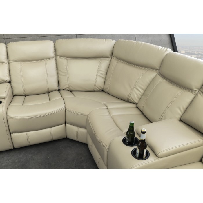 Sofá esquinero relax beige DOMUS – 2 relajaciones con compartimentos y portavasos
