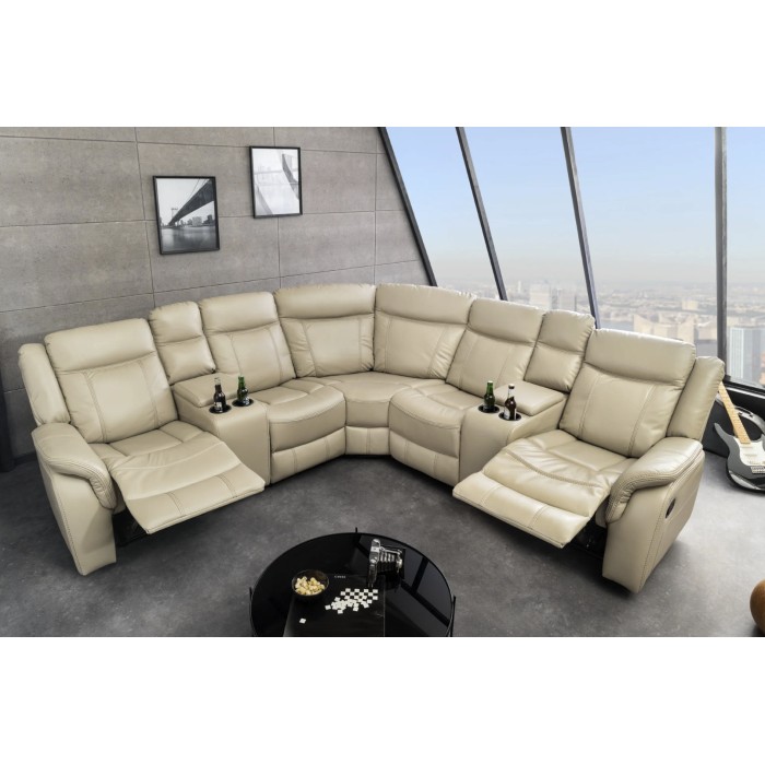 Sofá esquinero relax beige DOMUS – 2 relajaciones con compartimentos y portavasos