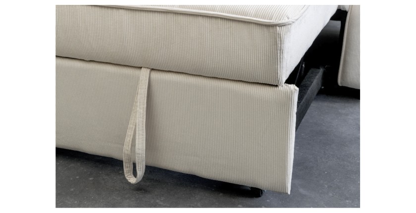Zoom sur le bas du canapé convertible en angle ou en lit ROULY blanc côtelé