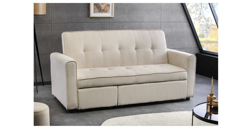 Canapé convertible en angle ou en lit ROULY blanc côtelé mis en situation