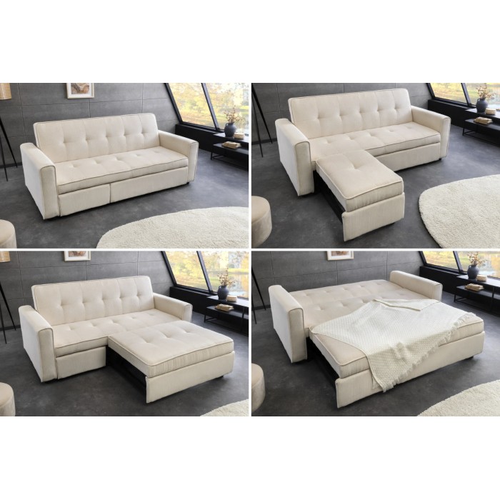 Canapé convertible modulable ROULY blanc 180 cm – Canapé droit, angle ou lit en velours côtelé   Modulaire slaapbank ROULY wit 1