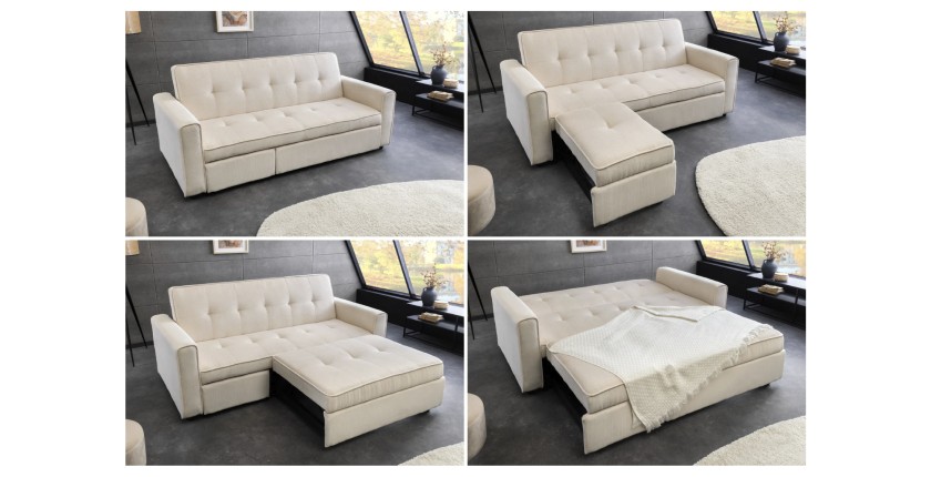 Canapé convertible en angle ou en lit ROULY blanc côtelé vue détaillée