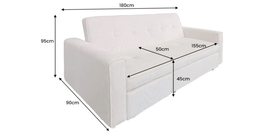 Dimensions du canapé convertible en angle ou en lit ROULY blanc côtelé