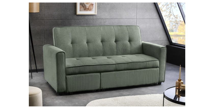 Canapé convertible en angle et lit ROULY vert mis en situation