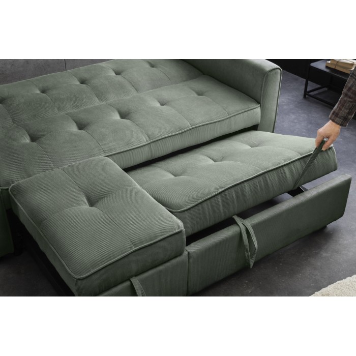 Canapé convertible modulable ROULY groen 180 cm – Rechte bank, hoekbank of bed in ribfluweel