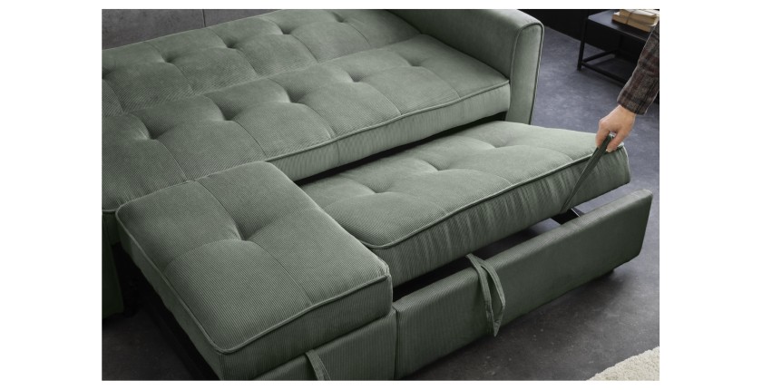 Zoom sur le système d'extension du canapé convertible en angle et lit ROULY vert