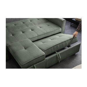 Zoom sur le système d'extension du canapé convertible en angle et lit ROULY vert