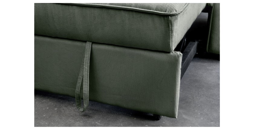 Zoom sur le bas du canapé convertible en angle et lit ROULY vert