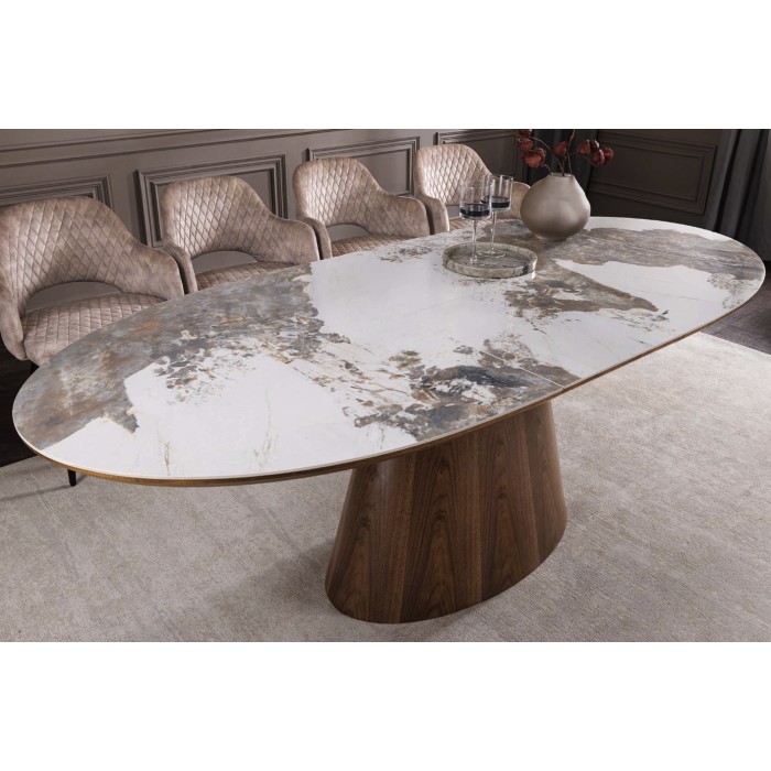 Table extensible LUMEA avec plateau en céramique et pied en bois de noyer vu de côté