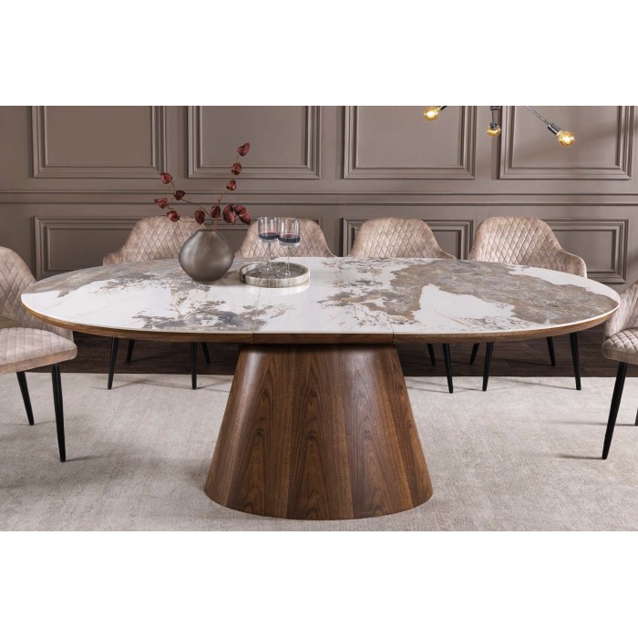 Table extensible LUMEA avec plateau en céramique et pied en bois de noyer mise en situation