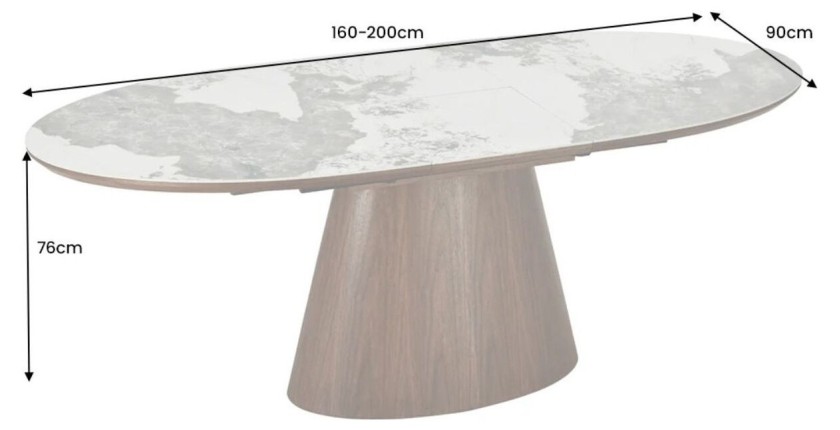 Dimensions de la table extensible LUMEA avec plateau en céramique et pied en bois de noyer