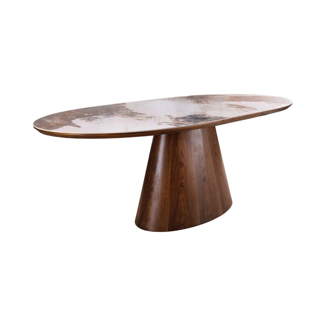 Table extensible LUMEA avec plateau en céramique et pied en bois de noyer