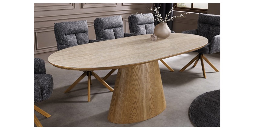 Table LUMEA extensible 160–200 cm – Table contemporaine en céramique aspect travertin et chêne