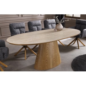 Table extensible LUMEA en bois de chêne et plateau en céramique aspect travertin mise en situation