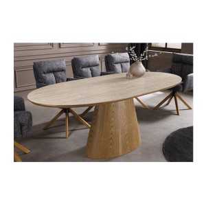 Table extensible LUMEA en bois de chêne et plateau en céramique aspect travertin mise en situation