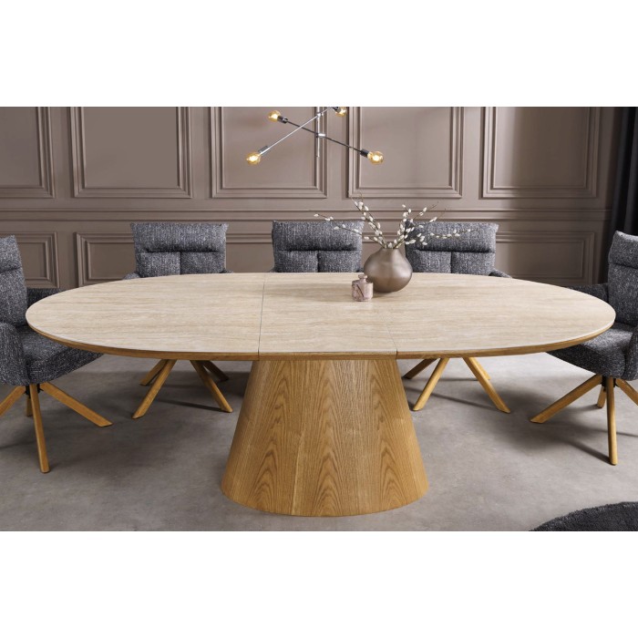 Table extensible LUMEA en bois de chêne et plateau en céramique aspect travertin vu de face