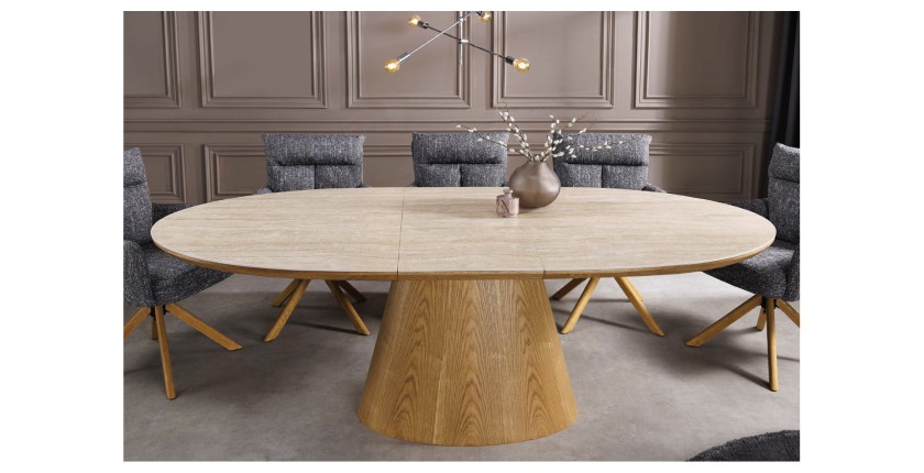 Table extensible LUMEA en bois de chêne et plateau en céramique aspect travertin vu de face