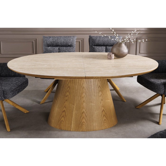 Table extensible LUMEA en bois de chêne et plateau en céramique aspect travertin vu de haut