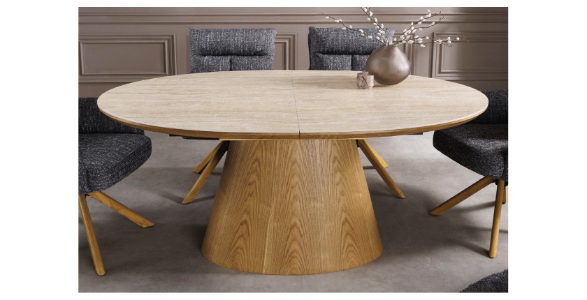 Table extensible LUMEA en bois de chêne et plateau en céramique aspect travertin vu de haut