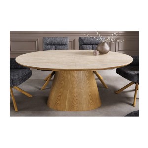 Table extensible LUMEA en bois de chêne et plateau en céramique aspect travertin vu de haut