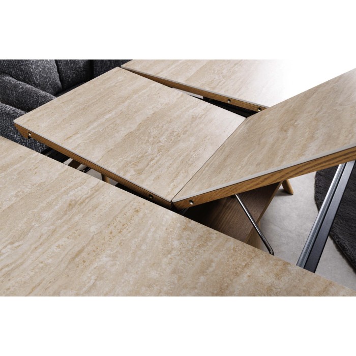 LUMEA uitschuifbaar 160–200 cm – Moderne tafel met travertijn-look keramiek en eiken