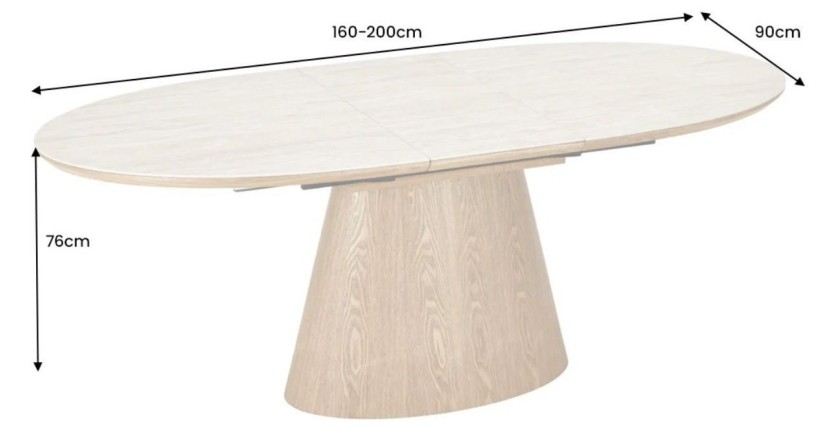 Dimensions de la table extensible LUMEA en bois de chêne et plateau en céramique aspect travertin