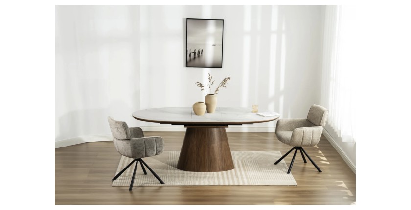 Table LUMEA extensible 160–200 cm – Table contemporaine en céramique effet marbre blanc et noyer