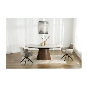 Table LUMEA en bois de noyer et plateau effet marbre blanc vu de face