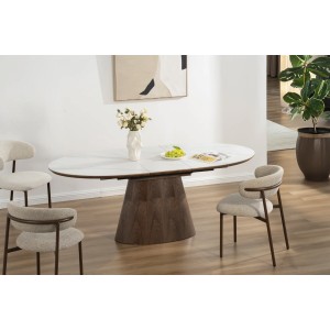 Table LUMEA en bois de noyer et plateau effet marbre blanc mise en situation