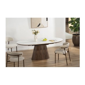 Table LUMEA en bois de noyer et plateau effet marbre blanc mise en situation