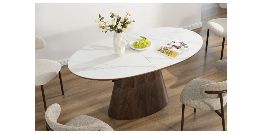 Table LUMEA extensible 160–200 cm – Table contemporaine en céramique effet marbre blanc et noyer