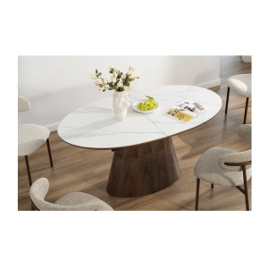 Table LUMEA en bois de noyer et plateau effet marbre blanc vu de haut