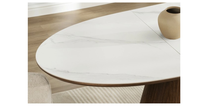Table LUMEA extensible 160–200 cm – Table contemporaine en céramique effet marbre blanc et noyer