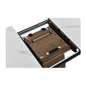 Table LUMEA extensible 160–200 cm – Table contemporaine en céramique effet marbre blanc et noyer