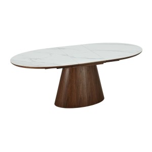 Table LUMEA extensible 160–200 cm – Table contemporaine en céramique effet marbre blanc et noyer