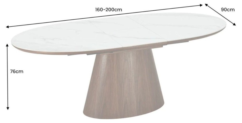 Dimensions de la table LUMEA en bois de noyer et plateau effet marbre blanc