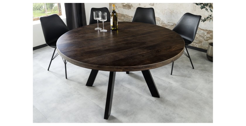 Table de salle à manger LODEN ronde 120 cm – Table industrielle en bois massif de manguier et métal