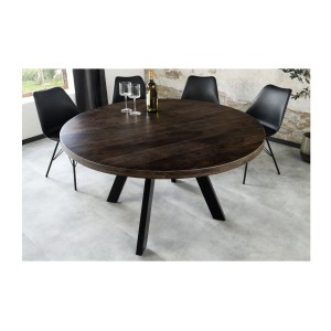 Table de salle à manger LODEN ronde 120 cm – Table industrielle en bois massif de manguier et métal