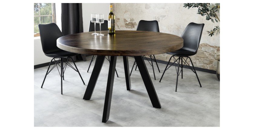 Table de salle à manger LODEN ronde 120 cm – Table industrielle en bois massif de manguier et métal