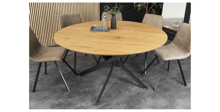 Table de salle à manger COURBAX ronde 120 cm – Table industrielle aspect chêne sauvage et métal