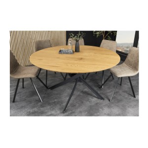 Table de salle à manger COURBAX ronde 120 cm – Table industrielle aspect chêne sauvage et métal