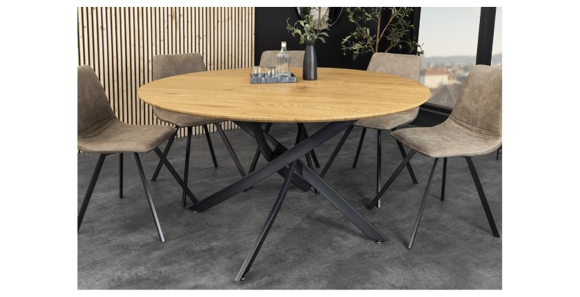 Table de salle à manger COURBAX ronde 120 cm – Table industrielle aspect chêne sauvage et métal