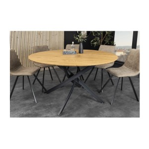 Table de salle à manger COURBAX ronde 120 cm – Table industrielle aspect chêne sauvage et métal