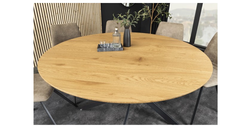 Table de salle à manger COURBAX ronde 120 cm – Table industrielle aspect chêne sauvage et métal