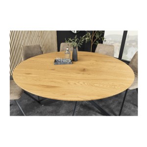 Table de salle à manger COURBAX ronde 120 cm – Table industrielle aspect chêne sauvage et métal